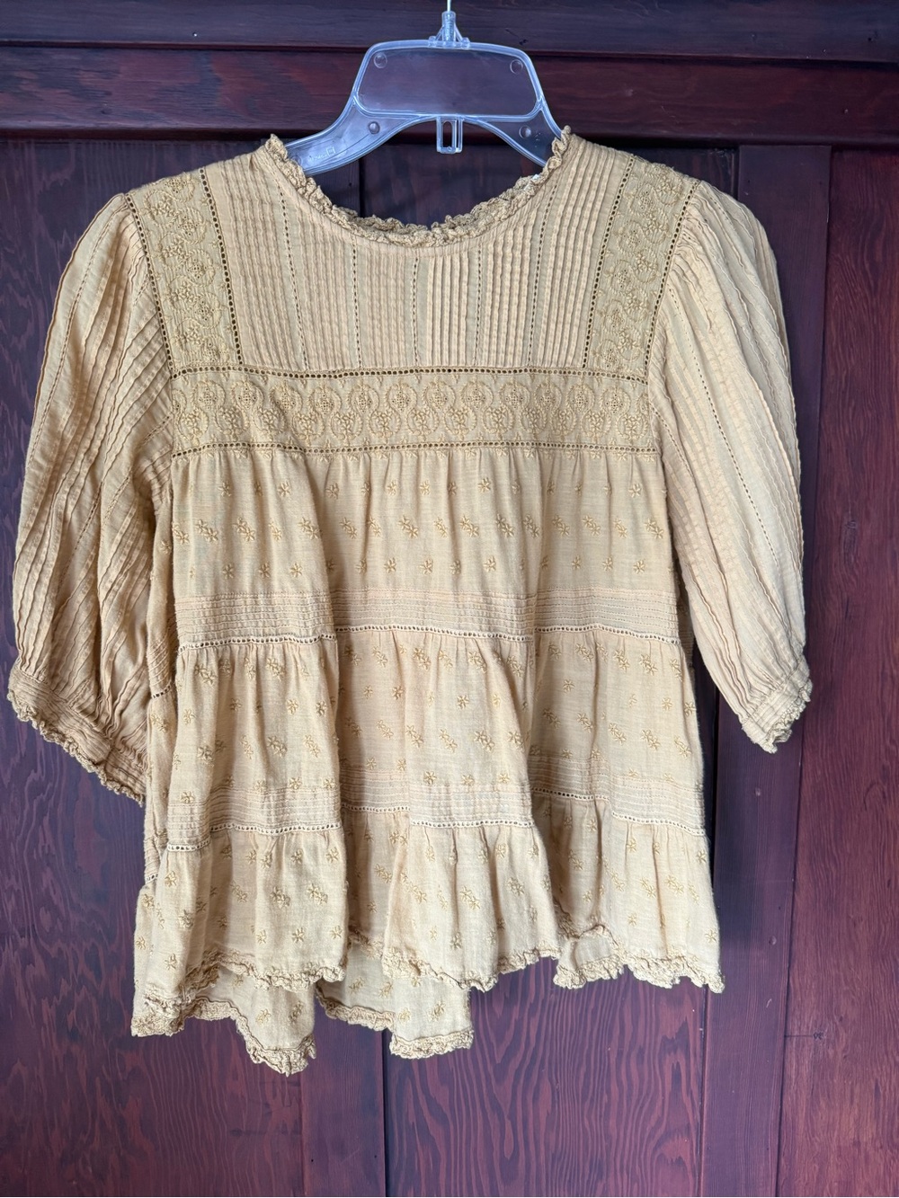 Doen Mustard Pintuck Lace Peasant Blouse
